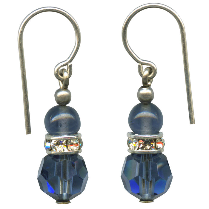 Owen Glass Collection MINI FLASH 10" indigo Austrian crystal earrings with rhinestones, showcasing sparkling crystal details.