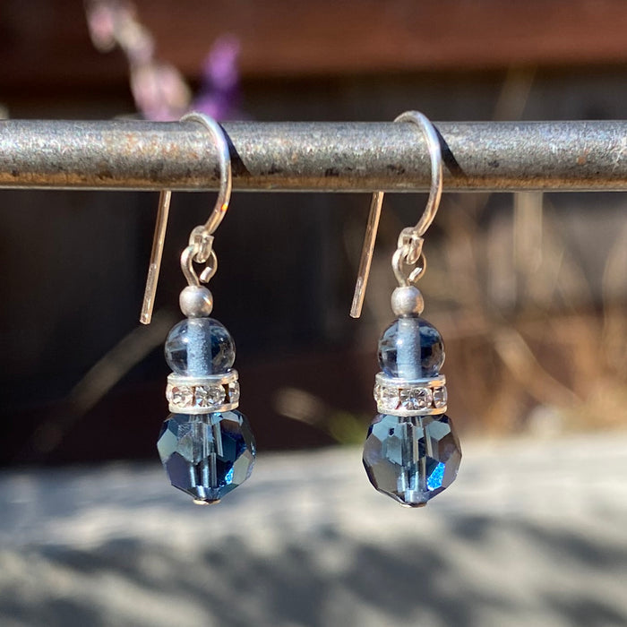 Owen Glass Collection MINI FLASH 10" indigo Austrian crystal earrings with sparkling rhinestones, showcasing elegant design.