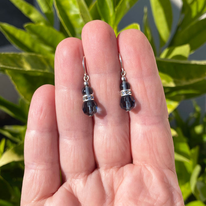 Owen Glass Collection Mini Flash 10-inch indigo Austrian crystal earrings with sparkling rhinestones, elegant and lightweight jewelry.