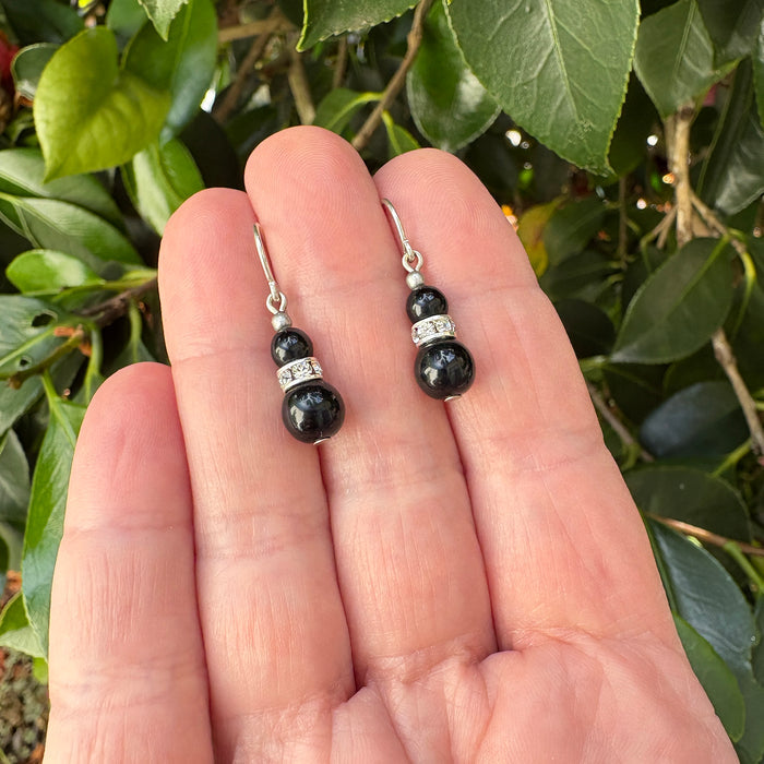 Owen Glass Collection MINI FLASH 11" jet glass and rhinestone earrings featuring sleek black glass and sparkling rhinestones.