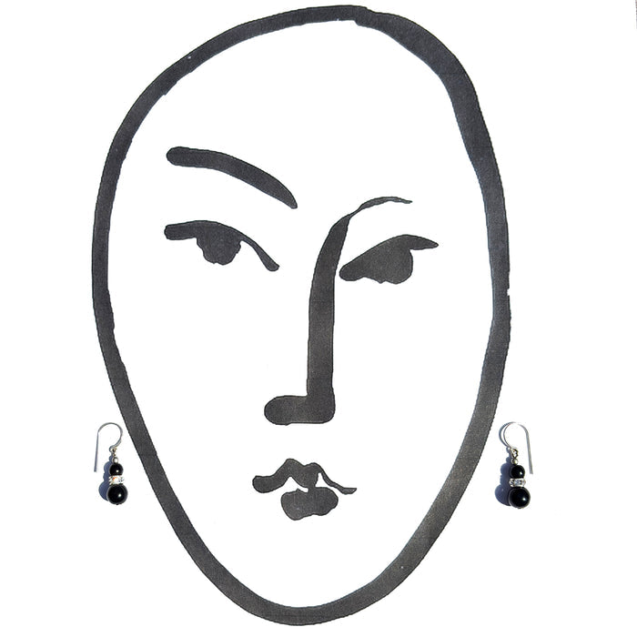 Owen Glass Collection mini flash 11-inch jet glass and rhinestone earrings featuring a sleek, sparkling design.