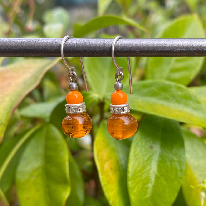 Orange glass and rhinestone earrings from Owen Glass Collection, mini flash 2 style, featuring vibrant glass and sparkling rhinestones.