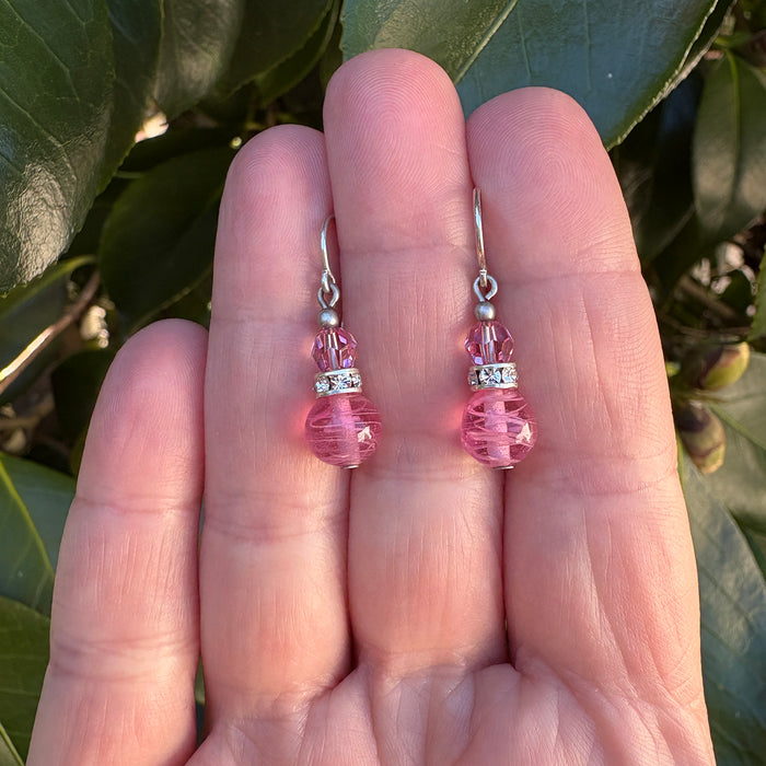 Pink glass, crystal, and rhinestone earrings from Owen Glass Collection featuring mini flash 3 design.