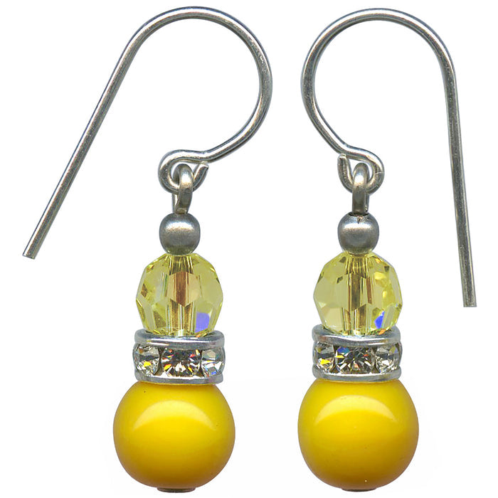 Yellow glass and crystal rhinestone earrings from Owen Glass Collection featuring mini flash 4 design.