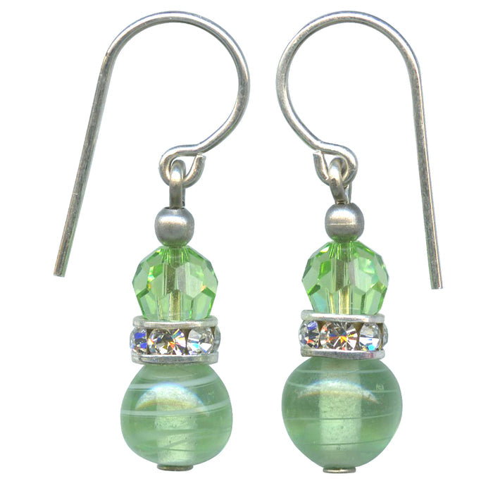 Mini Flash 5 peridot glass, crystal, and rhinestone earrings from Owen Glass Collection featuring sparkling jewelry design.
