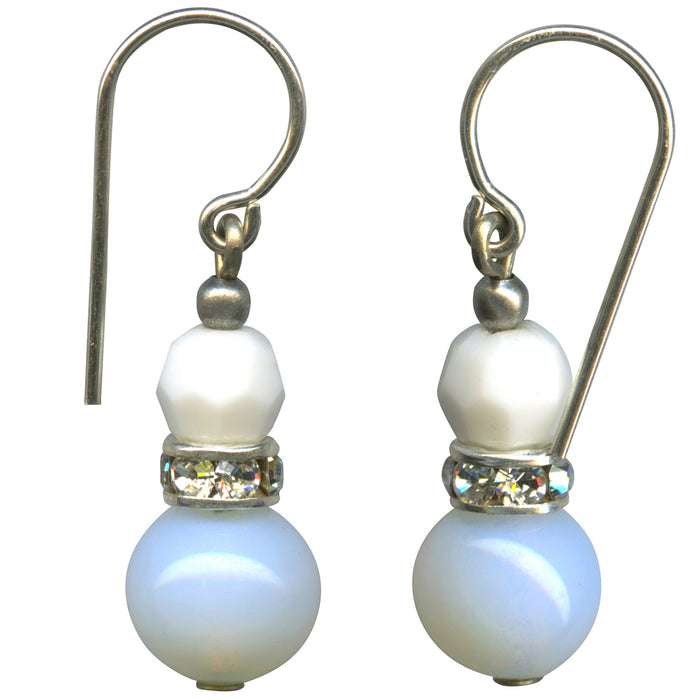 Mini Flash 6 antique white Czech glass earrings with rhinestones from Owen Glass Collection, featuring delicate, sparkling design.