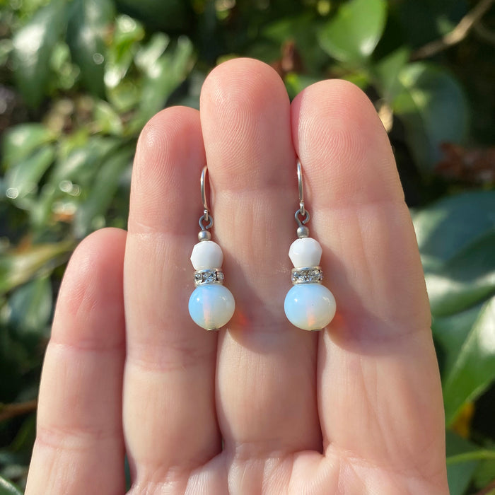 Mini Flash 6 antique white Czech glass earrings with sparkling rhinestones from Owen Glass Collection, featuring a delicate and elegant design.