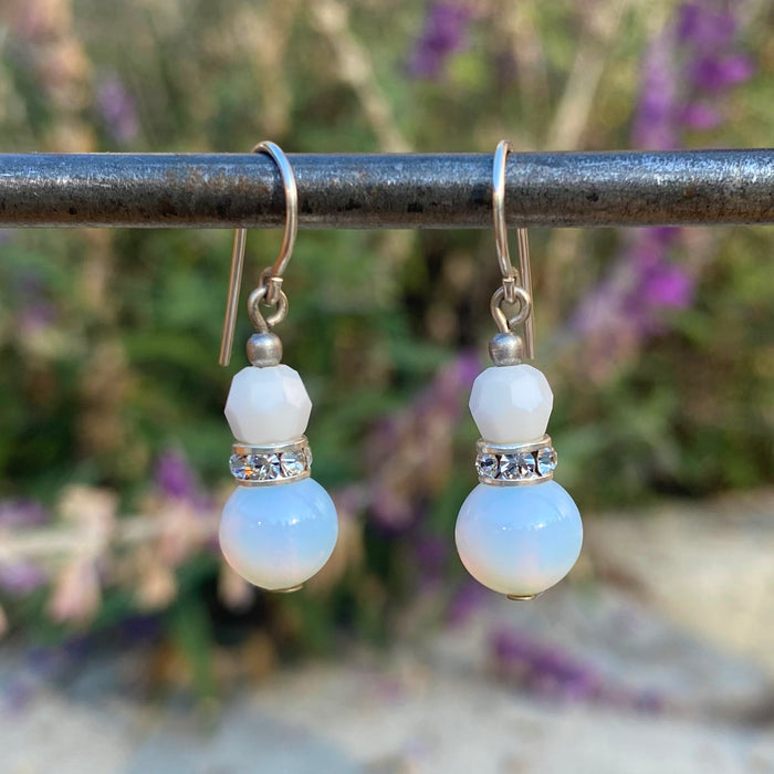 Antique white Czech glass earrings with rhinestones from Owen Glass Collection, featuring a mini flash 6 design.