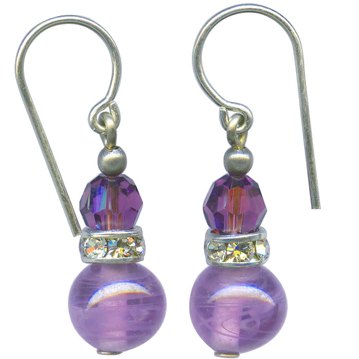 Owen Glass Collection mini flash 7-inch earrings with amethyst glass, crystals, and rhinestones featuring intricate gemstone details.