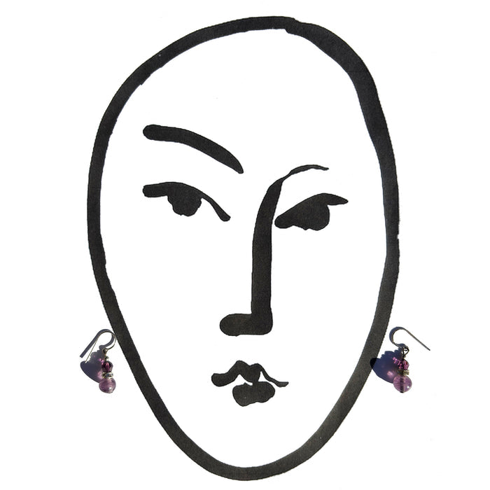 Owen Glass Collection mini flash 7-inch amethyst glass, crystal, and rhinestone earrings with intricate design and sparkling details.