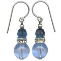 Blue glass and crystal rhinestone earrings from Owen Glass Collection, small and elegant mini flash 8 design.