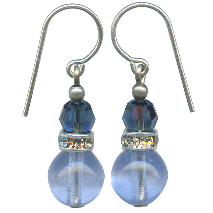 Blue glass and crystal rhinestone earrings from Owen Glass Collection, small and elegant mini flash 8 design.