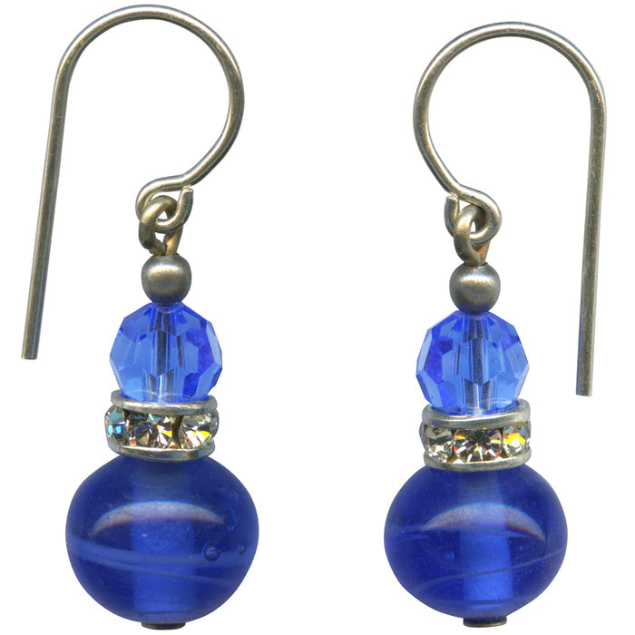 Owen Glass Collection Mini Flash 9 earrings with sapphire glass, crystal beads, and rhinestones, showcasing elegant dangling jewelry.