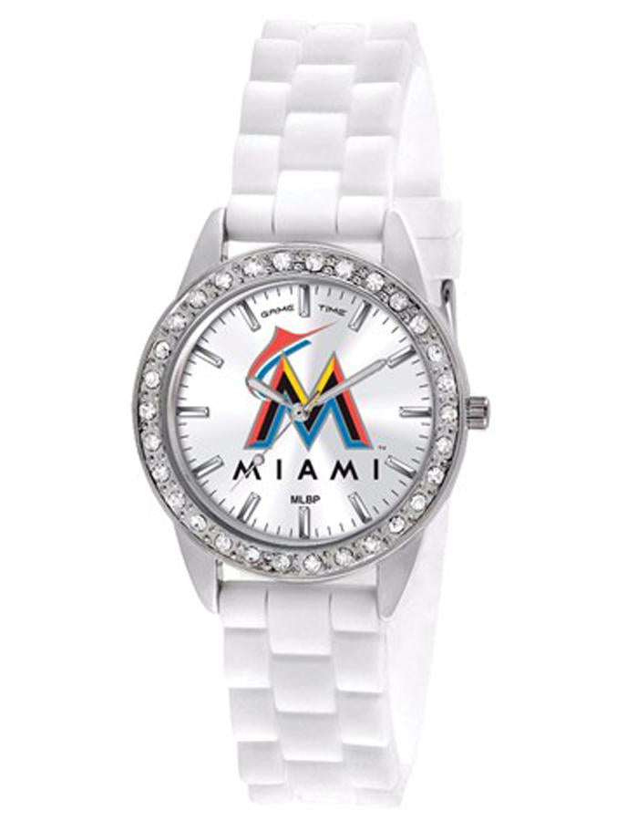 MLB Womens Miami Marlins Frost Watch - Crystal Bezel - Silicone Strap - XWL957