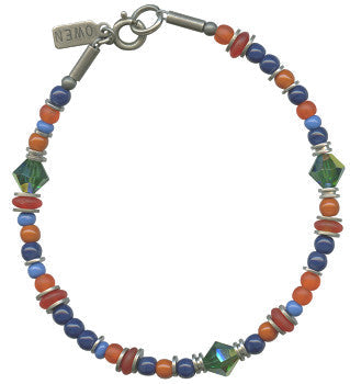 Beaded bracelet featuring Czech glass beads and Austrian crystals from Owen Glass Collection, showcasing intricate mosaic design.