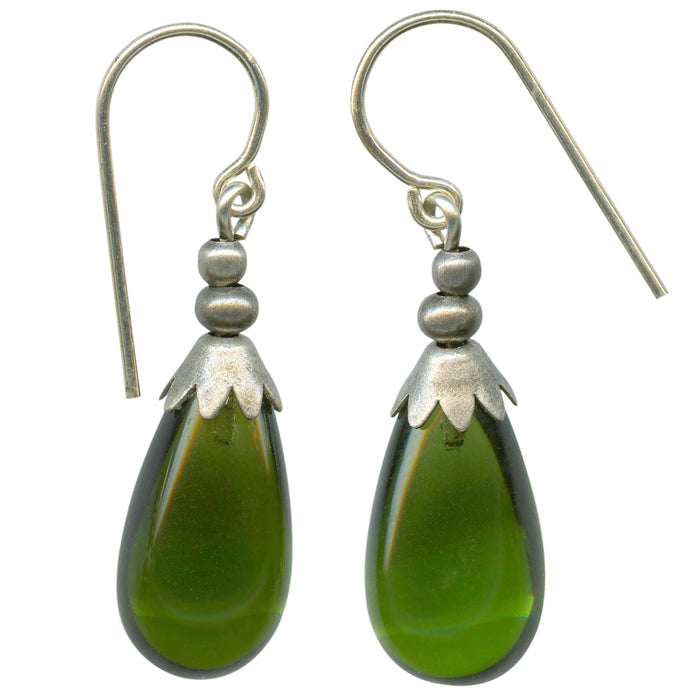 Silver Brights 42-inch green glass and silver earrings from Owen Glass Collection, featuring long dangling design with shimmering accents.