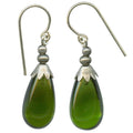 Silver Brights 42-inch green glass and silver earrings from Owen Glass Collection, featuring long dangling design with shimmering accents.