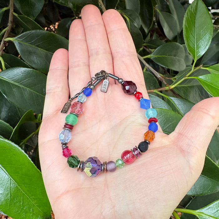 Multicolor Czech glass and crystal beaded bracelet from Owen Glass Collection, featuring intricate beading and vibrant colors.