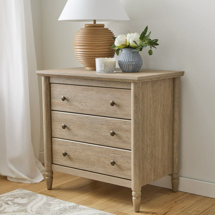 My Texas House Monroe 3 Drawer Nightstand with USB, Brushed Oak Finish - Side Is Cracked but Sturdy - Brand New