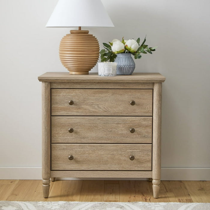 My Texas House Monroe 3 Drawer Nightstand with USB, Brushed Oak Finish - Side Is Cracked but Sturdy - Brand New