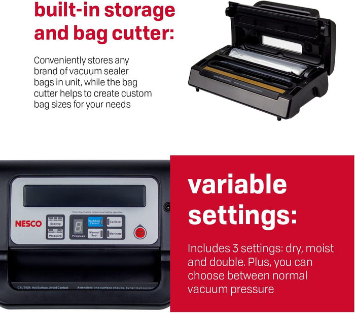 Nesco Deluxe Food VS-12 Vacuum Sealer, 130 Watts, Kit Bags & Viewing Lid, Compact, Silver - Brand New