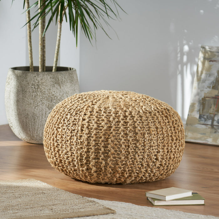 Noble House Solid Print Off-White Jute Round Pouf - Brand New