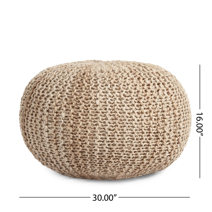 Noble House Solid Print Off-White Jute Round Pouf - Brand New