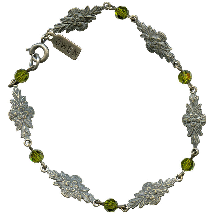 Olivine Austrian crystal bracelet with intricate filigree design from Owen Glass Collection, named Grace 7.