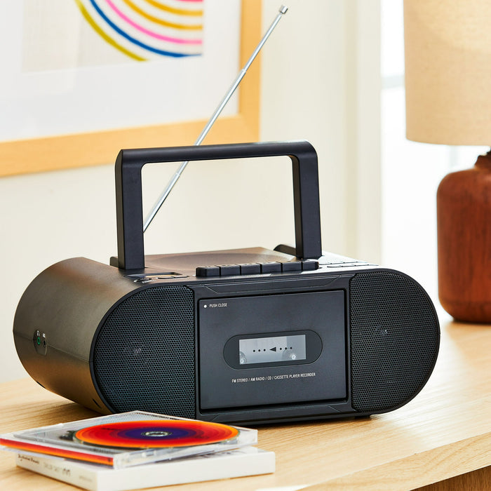 onn. Portable Bluetooth CD/Cassette Boombox with AM/FM Radio, Black - Brand New