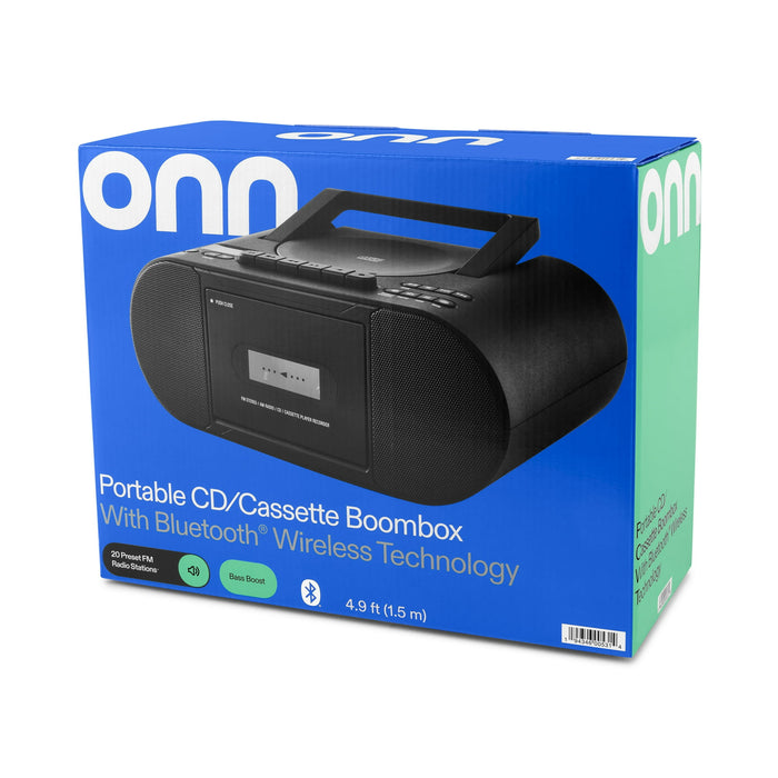 onn. Portable CD/Cassette Boombox with Bluetooth Wireless Technology, Black - Brand New