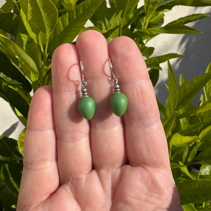 Opaque green German glass drop earrings from Owen Glass Collection, featuring mini berry-shaped design and elegant craftsmanship.