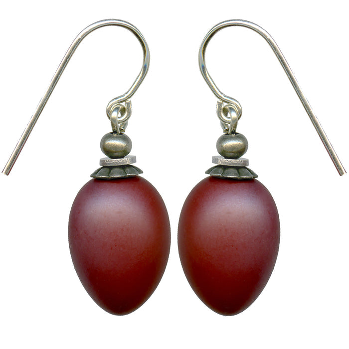 Owen Glass Collection opaque red glass drop earrings with sterling silver "Berries 60" design, featuring berry-shaped glass beads.