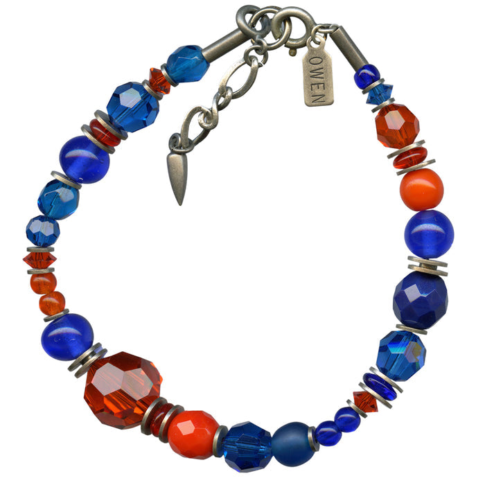 Orange and cobalt glass and crystal beaded bracelet from Owen Glass Collection with intricate bead details and elegant design.