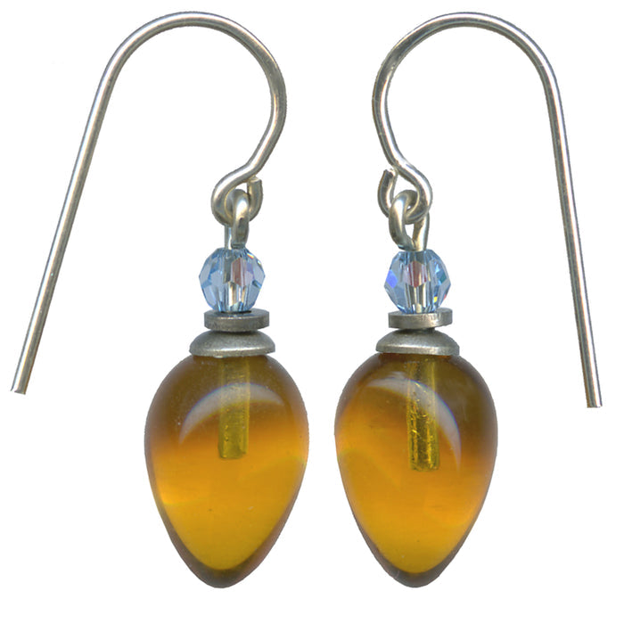 Orange glass and blue crystal dangle earrings from Owen Glass Collection, featuring vibrant, elegant earring designs.
