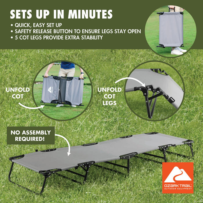 Ozark Trail Camping Folding with Easy Setup Cot, Gray, Adult,75.6in x 25 in x 8.46in, Polyester - Brand New