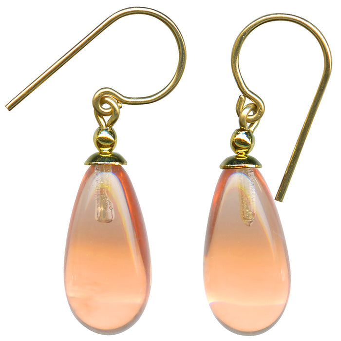 Peach German glass and gold dangle earrings from Owen Glass Collection with bright, vibrant design and elegant hanging style.