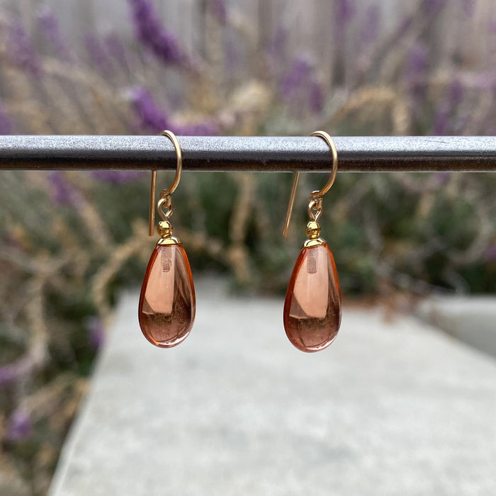 Peach German glass and gold dangle earrings from Owen Glass Collection featuring bright, eye-catching design.