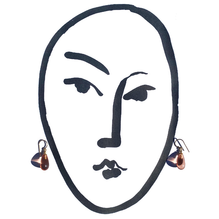 Peach German glass and gold dangle earrings from Owen Glass Collection with bright, colorful design and elegant gold accents.