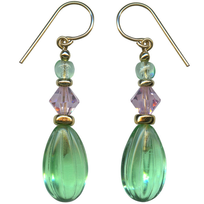 Peridot glass and gold earrings from the Owen Glass Collection, featuring vibrant green stones and elegant gold accents.