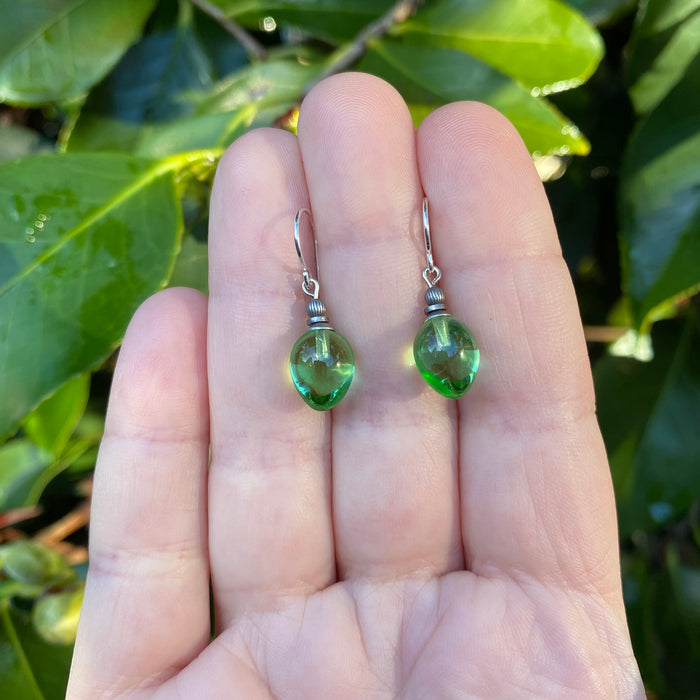 Peridot German glass drop earrings from Owen Glass Collection featuring mini berry design and elegant dangling style.