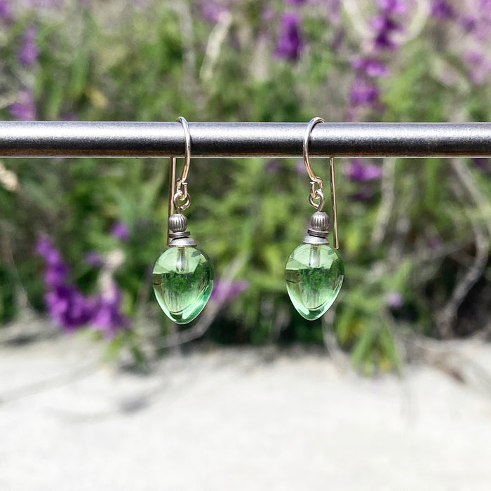 Owen Glass Collection Peridot German glass drop earrings with mini berry design, featuring vibrant green glass drops.