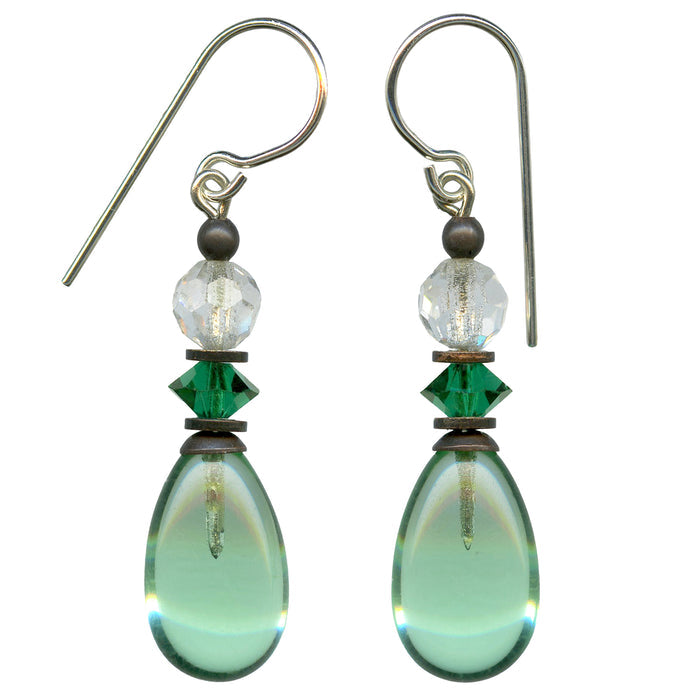 Peridot glass and emerald crystal dangle earrings from Owen Glass Collection featuring raindrop design.