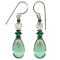 Peridot glass and emerald crystal dangle earrings from Owen Glass Collection featuring raindrop design.