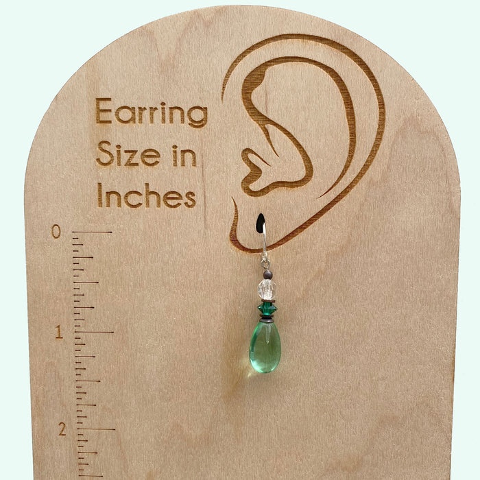 Peridot glass and emerald crystal dangle earrings with raindrop design from Owen Glass Collection, showcasing vibrant green gemstones.