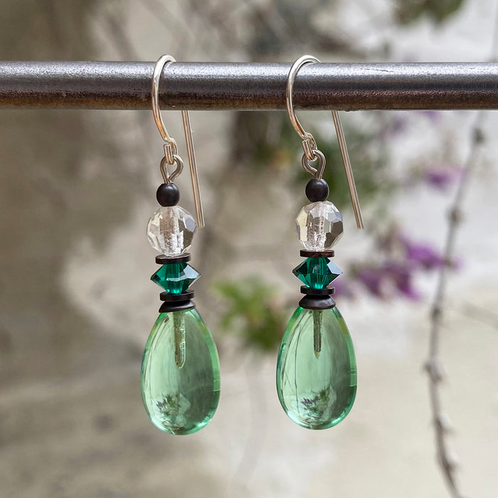 Peridot glass and emerald crystal dangle earrings from Owen Glass Collection with raindrop design.