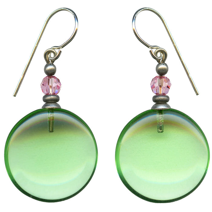 Peridot glass and pink Austrian crystal dangle earrings from Owen Glass Collection, featuring vibrant gemstone accents and elegant design.