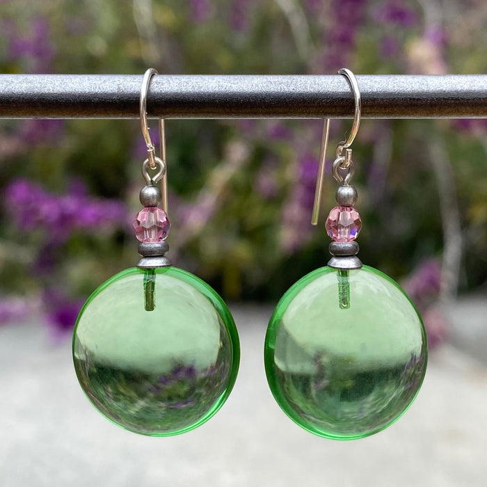 Peridot glass and pink Austrian crystal dangle earrings from Owen Glass Collection featuring elegant window-inspired design.