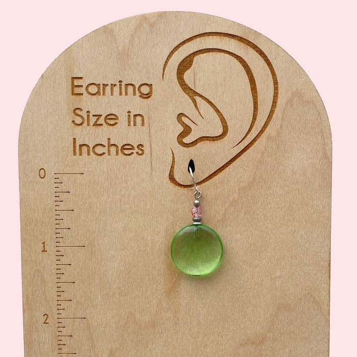 Peridot glass and pink Austrian crystal dangle earrings from Owen Glass Collection, featuring elegant window-inspired design.