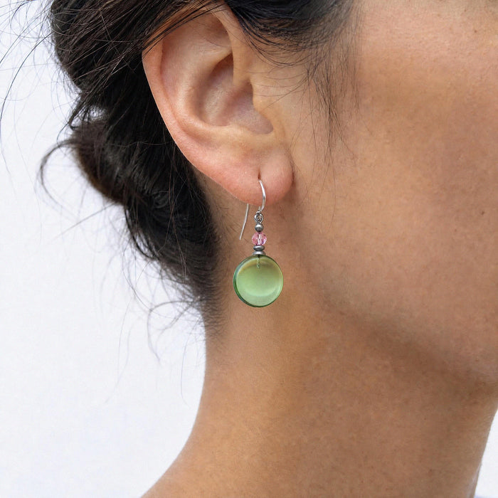 Peridot glass and pink Austrian crystal dangle earrings from Owen Glass Collection, featuring elegant window-inspired design.