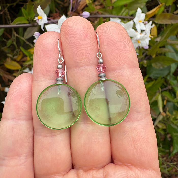 Peridot glass and pink Austrian crystal dangle earrings from Owen Glass Collection, featuring vibrant colors and elegant design.